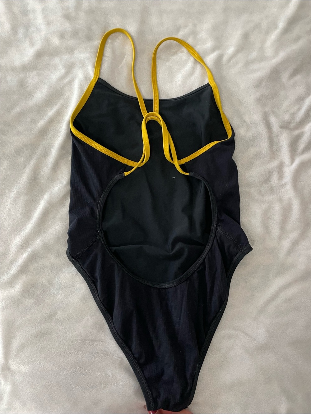 Ladies Black One-Piece Swimsuit with Yellow Trim